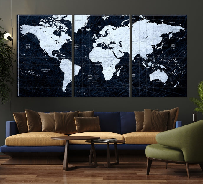 White Colored Push Pin World Map on Jet Black Background Canvas Print Large Wall Art