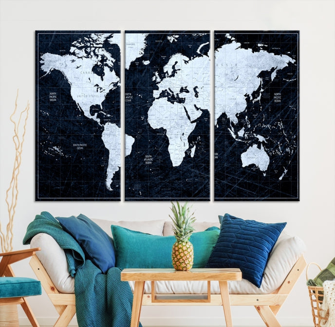 White Colored Push Pin World Map on Jet Black Background Canvas Print Large Wall Art