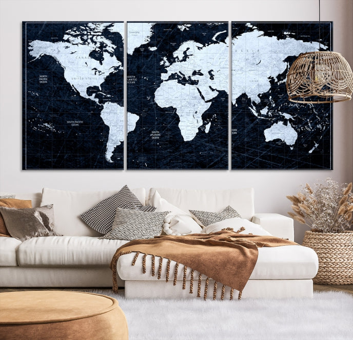 White Colored Push Pin World Map on Jet Black Background Canvas Print Large Wall Art