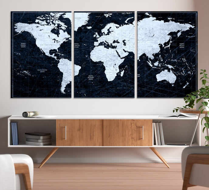 White Colored Push Pin World Map on Jet Black Background Canvas Print Large Wall Art