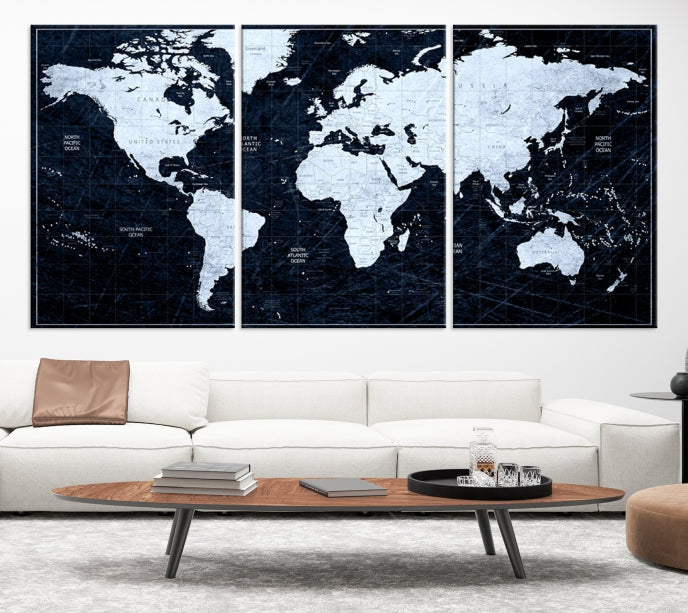 White Colored Push Pin World Map on Jet Black Background Canvas Print Large Wall Art