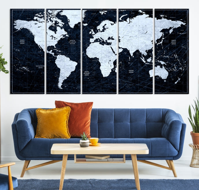 White Colored Push Pin World Map on Jet Black Background Canvas Print Large Wall Art