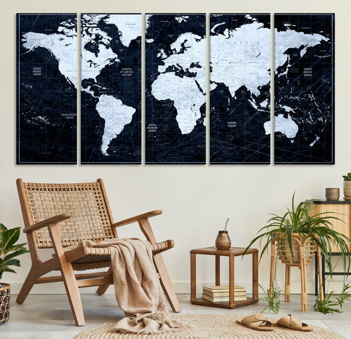 White Colored Push Pin World Map on Jet Black Background Canvas Print Large Wall Art