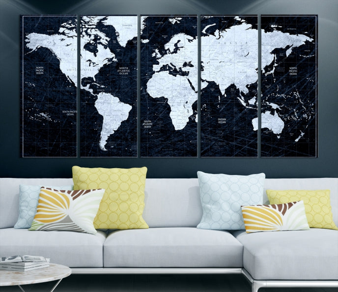 White Colored Push Pin World Map on Jet Black Background Canvas Print Large Wall Art