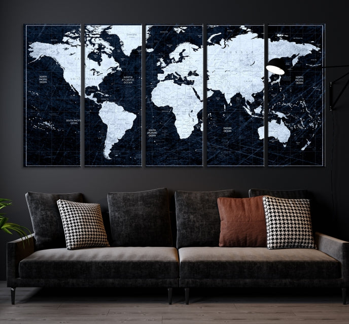 White Colored Push Pin World Map on Jet Black Background Canvas Print Large Wall Art