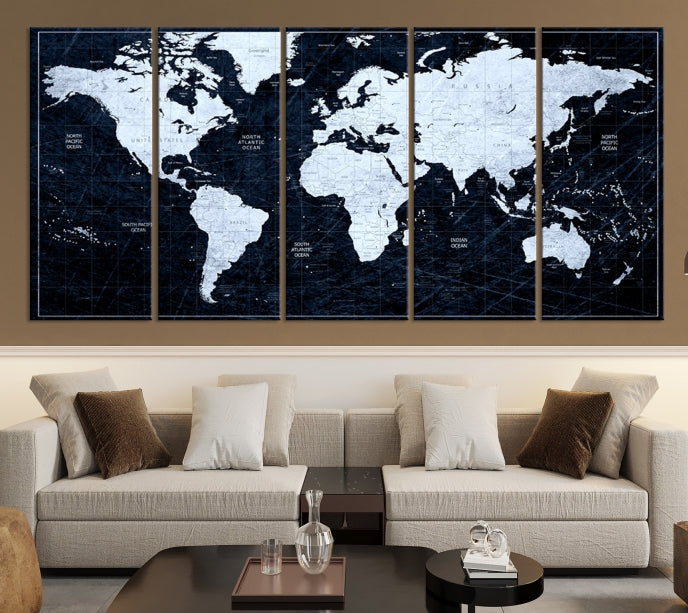 White Colored Push Pin World Map on Jet Black Background Canvas Print Large Wall Art