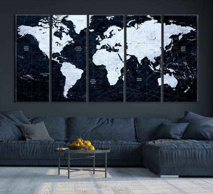 White Colored Push Pin World Map on Jet Black Background Canvas Print Large Wall Art