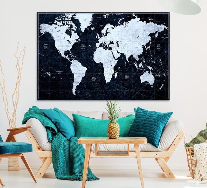 White Colored Push Pin World Map on Jet Black Background Canvas Print Large Wall Art