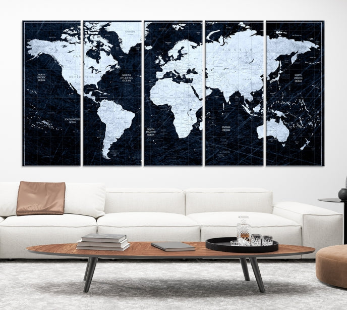 White Colored Push Pin World Map on Jet Black Background Canvas Print Large Wall Art