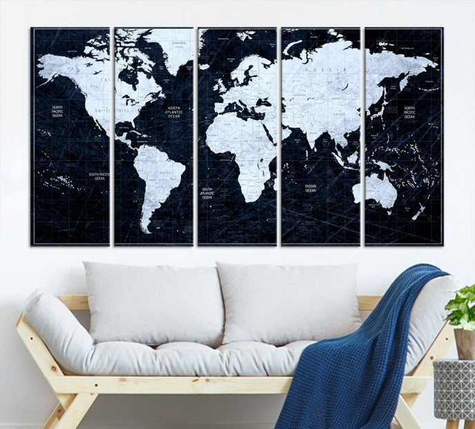 White Colored Push Pin World Map on Jet Black Background Canvas Print Large Wall Art