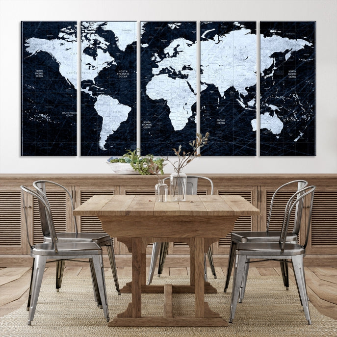 White Colored Push Pin World Map on Jet Black Background Canvas Print Large Wall Art