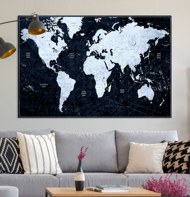 White Colored Push Pin World Map on Jet Black Background Canvas Print Large Wall Art