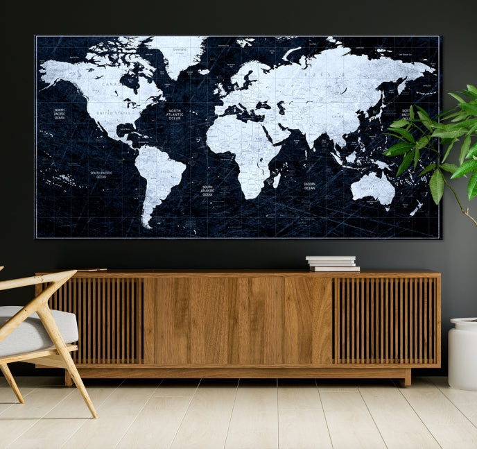 White Colored Push Pin World Map on Jet Black Background Canvas Print Large Wall Art