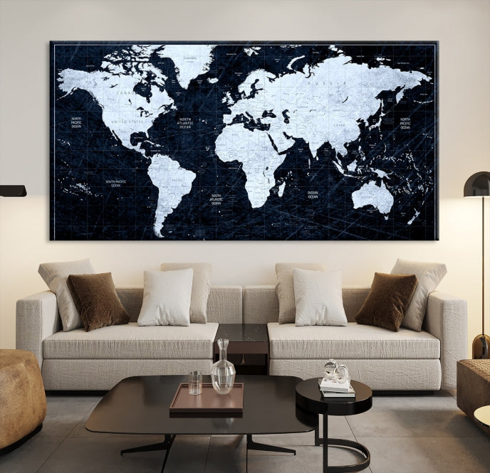 White Colored Push Pin World Map on Jet Black Background Canvas Print Large Wall Art