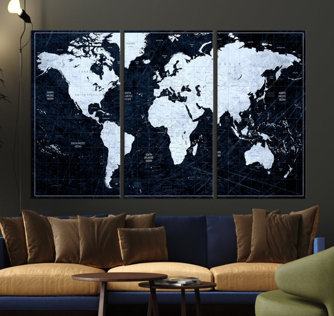 White Colored Push Pin World Map on Jet Black Background Canvas Print Large Wall Art