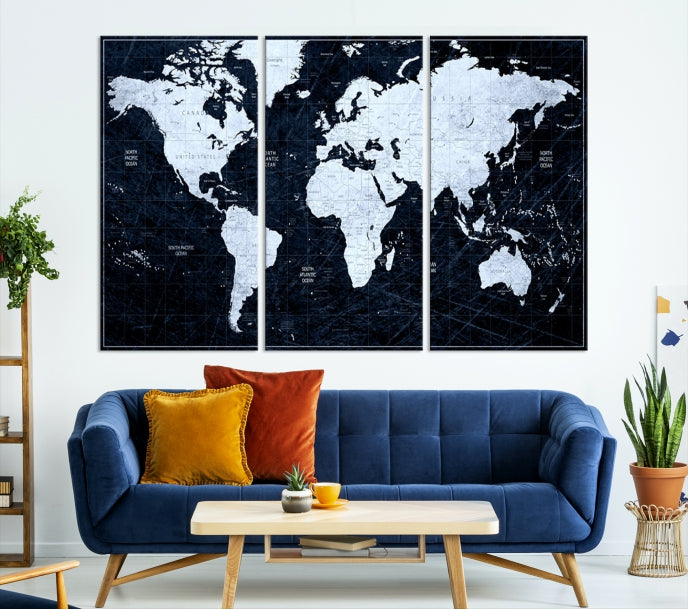 White Colored Push Pin World Map on Jet Black Background Canvas Print Large Wall Art