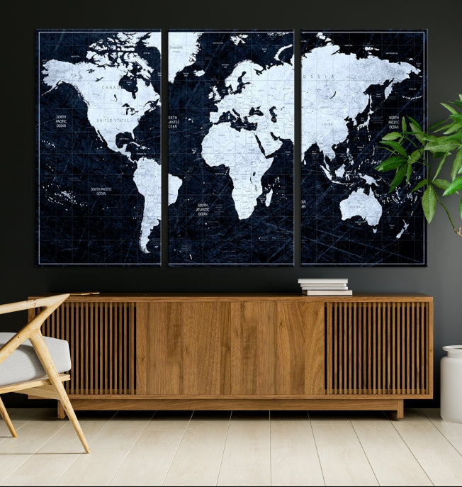 White Colored Push Pin World Map on Jet Black Background Canvas Print Large Wall Art