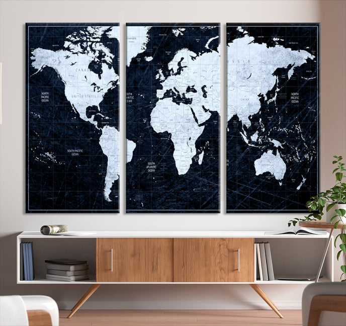 White Colored Push Pin World Map on Jet Black Background Canvas Print Large Wall Art