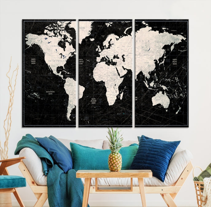 White Colored Push Pin World Map on Stratched Black Background Large Canvas Print Framed Wall Art