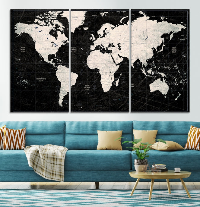 White Colored Push Pin World Map on Stratched Black Background Large Canvas Print Framed Wall Art