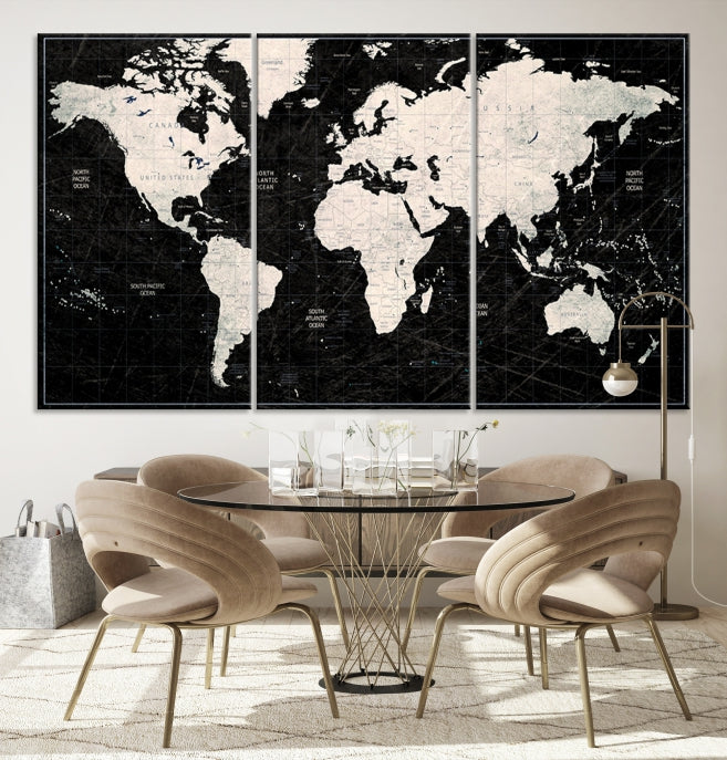 White Colored Push Pin World Map on Stratched Black Background Large Canvas Print Framed Wall Art