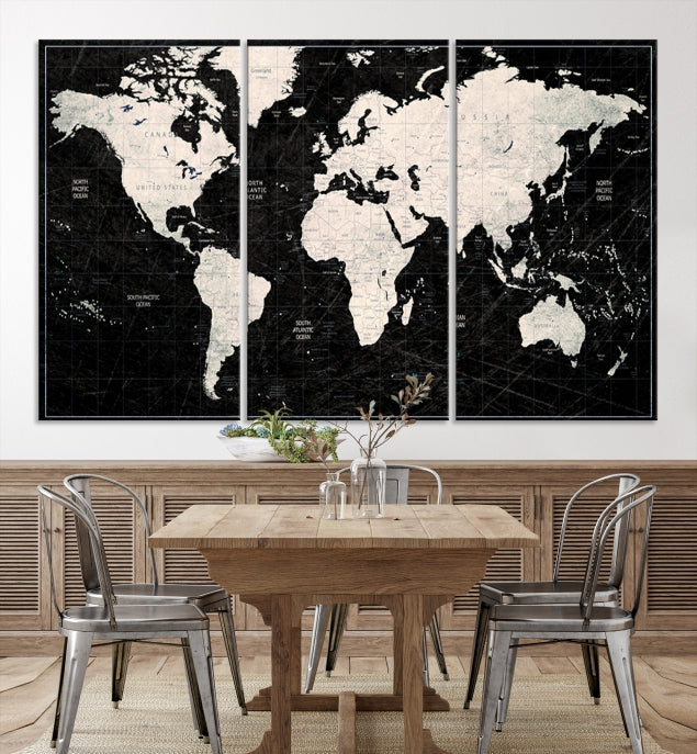 White Colored Push Pin World Map on Stratched Black Background Large Canvas Print Framed Wall Art