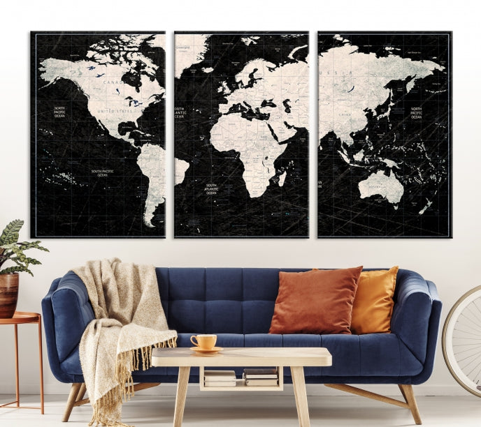 White Colored Push Pin World Map on Stratched Black Background Large Canvas Print Framed Wall Art