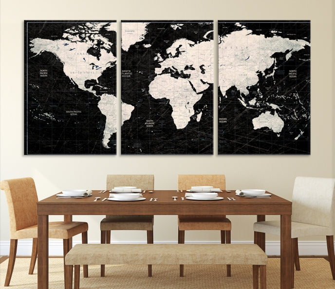 White Colored Push Pin World Map on Stratched Black Background Large Canvas Print Framed Wall Art