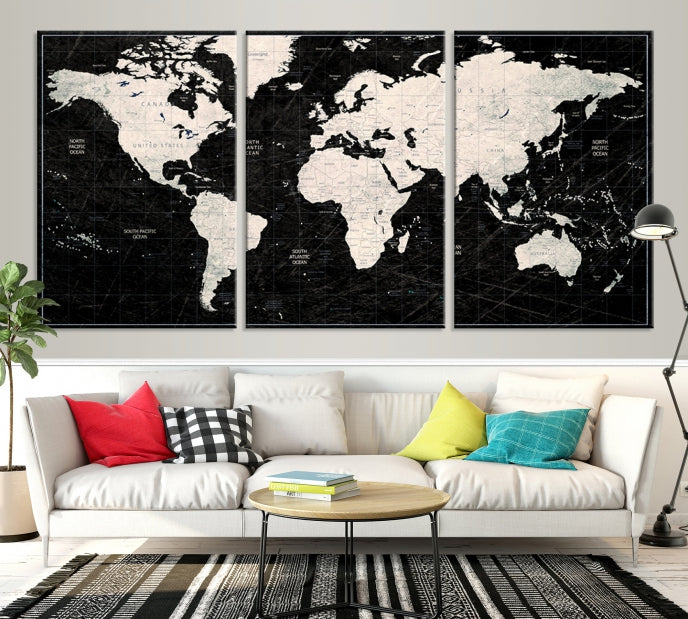 White Colored Push Pin World Map on Stratched Black Background Large Canvas Print Framed Wall Art