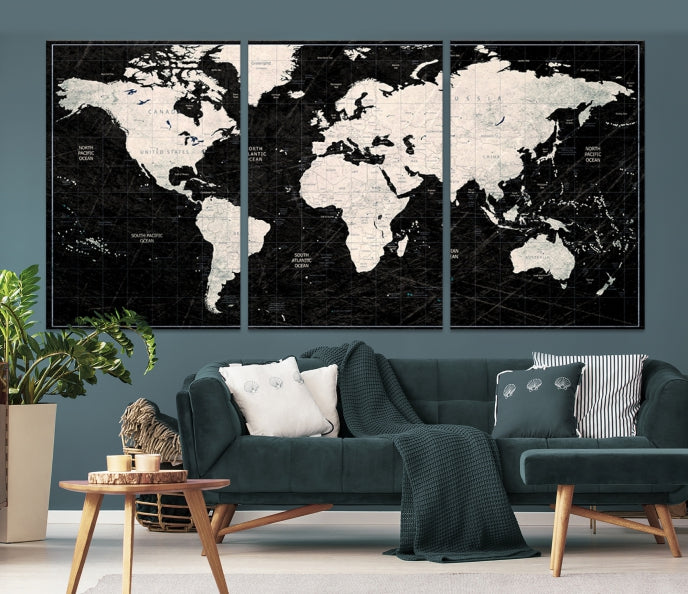 White Colored Push Pin World Map on Stratched Black Background Large Canvas Print Framed Wall Art