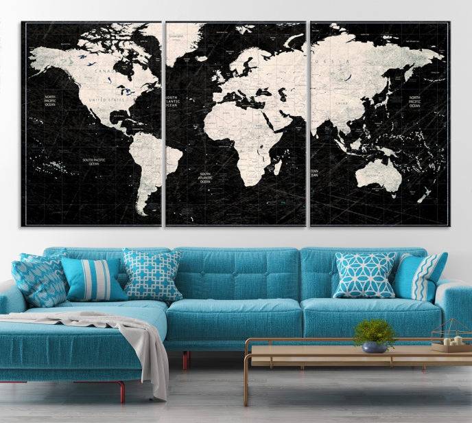 White Colored Push Pin World Map on Stratched Black Background Large Canvas Print Framed Wall Art