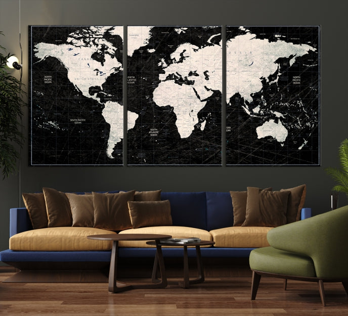 White Colored Push Pin World Map on Stratched Black Background Large Canvas Print Framed Wall Art