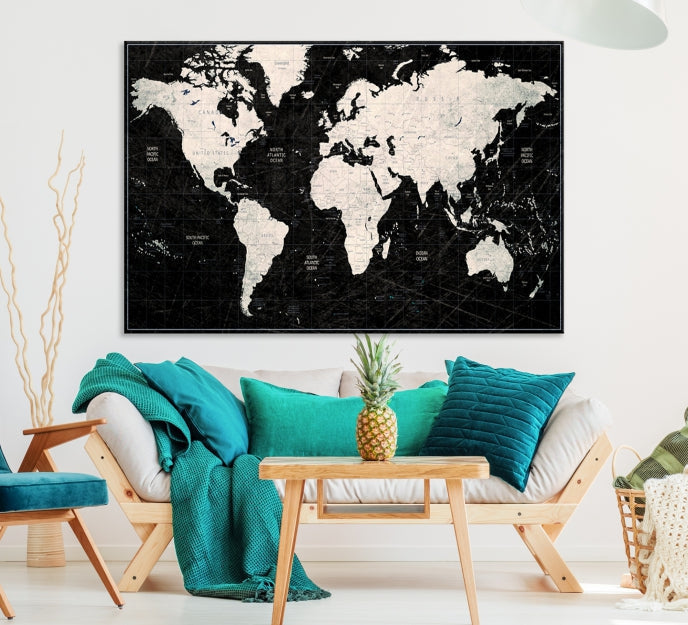 White Colored Push Pin World Map on Stratched Black Background Large Canvas Print Framed Wall Art