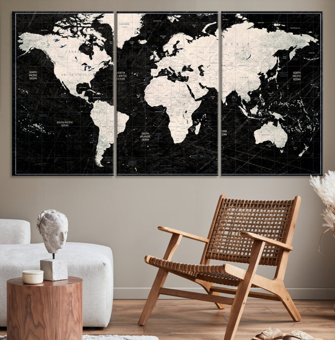 White Colored Push Pin World Map on Stratched Black Background Large Canvas Print Framed Wall Art