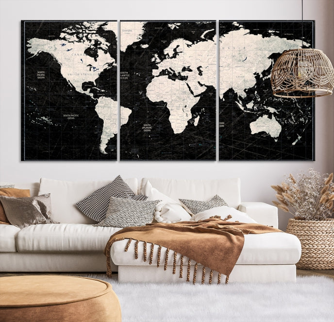 White Colored Push Pin World Map on Stratched Black Background Large Canvas Print Framed Wall Art