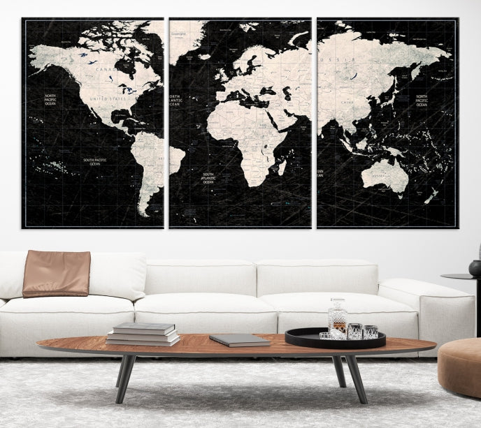 White Colored Push Pin World Map on Stratched Black Background Large Canvas Print Framed Wall Art