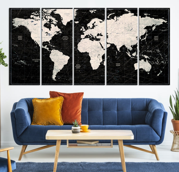 White Colored Push Pin World Map on Stratched Black Background Large Canvas Print Framed Wall Art