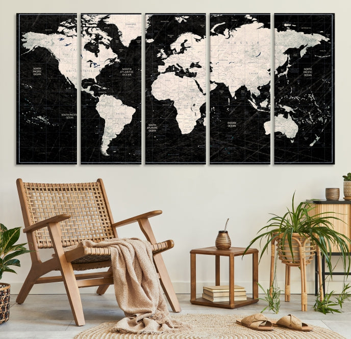 White Colored Push Pin World Map on Stratched Black Background Large Canvas Print Framed Wall Art