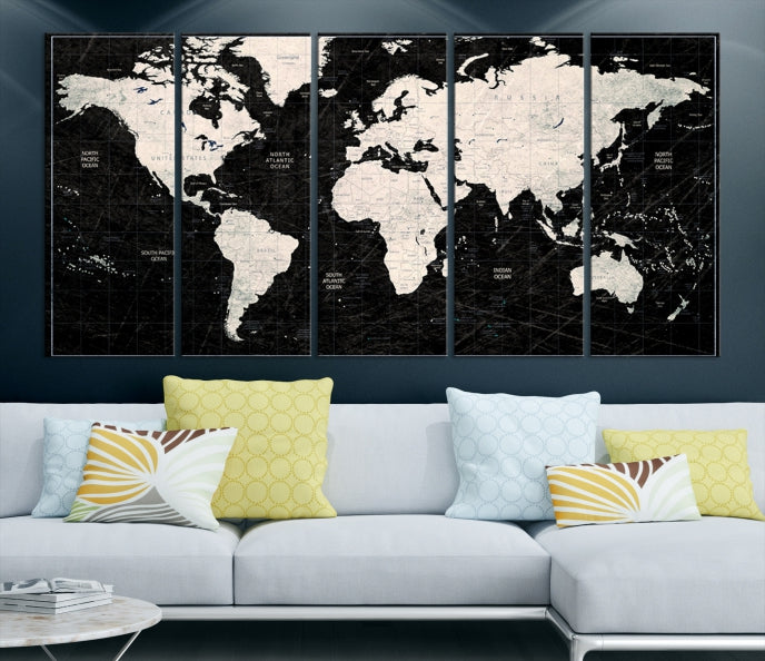 White Colored Push Pin World Map on Stratched Black Background Large Canvas Print Framed Wall Art