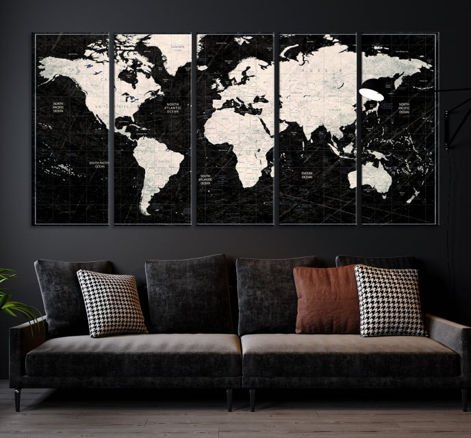 White Colored Push Pin World Map on Stratched Black Background Large Canvas Print Framed Wall Art