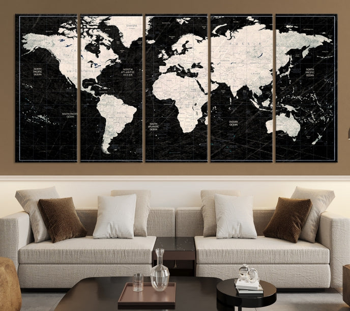 White Colored Push Pin World Map on Stratched Black Background Large Canvas Print Framed Wall Art