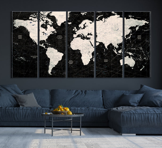 White Colored Push Pin World Map on Stratched Black Background Large Canvas Print Framed Wall Art