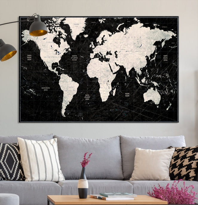 White Colored Push Pin World Map on Stratched Black Background Large Canvas Print Framed Wall Art