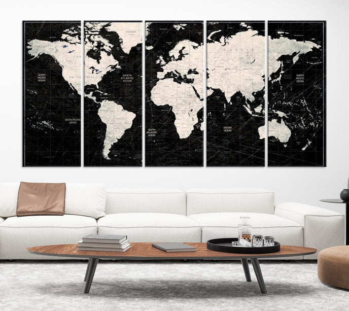 White Colored Push Pin World Map on Stratched Black Background Large Canvas Print Framed Wall Art