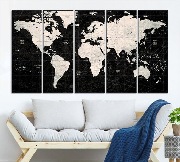 White Colored Push Pin World Map on Stratched Black Background Large Canvas Print Framed Wall Art