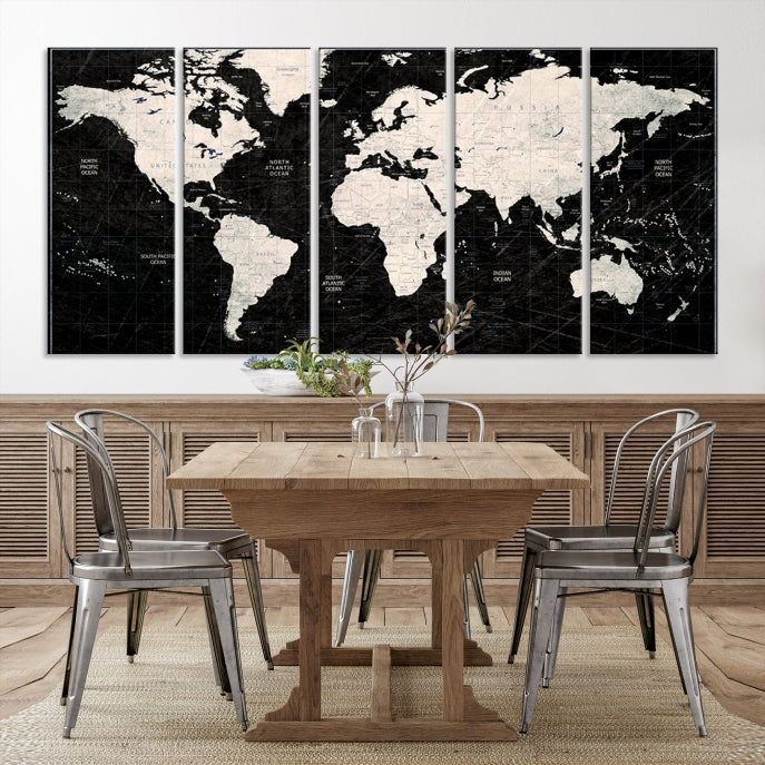 White Colored Push Pin World Map on Stratched Black Background Large Canvas Print Framed Wall Art