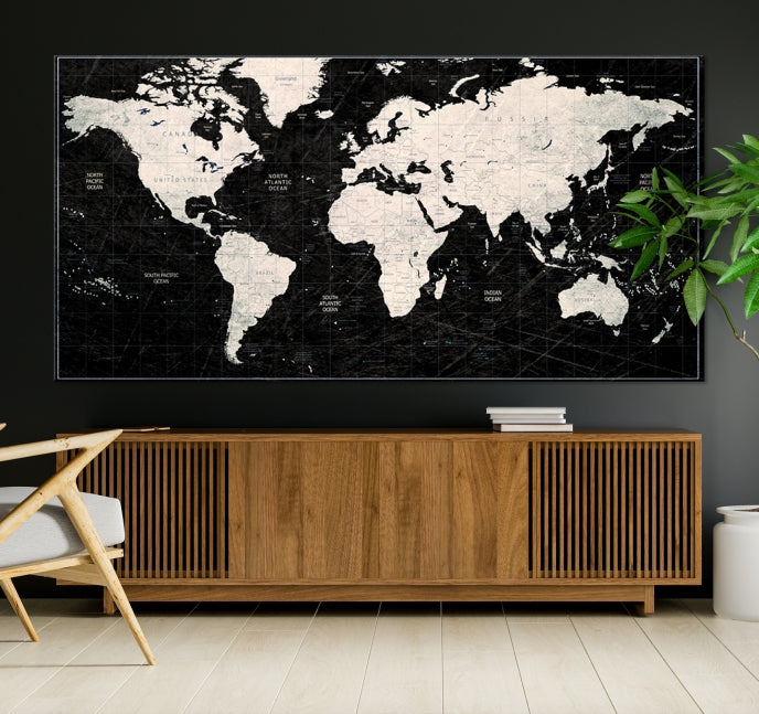 White Colored Push Pin World Map on Stratched Black Background Large Canvas Print Framed Wall Art