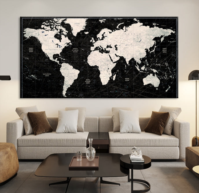 White Colored Push Pin World Map on Stratched Black Background Large Canvas Print Framed Wall Art