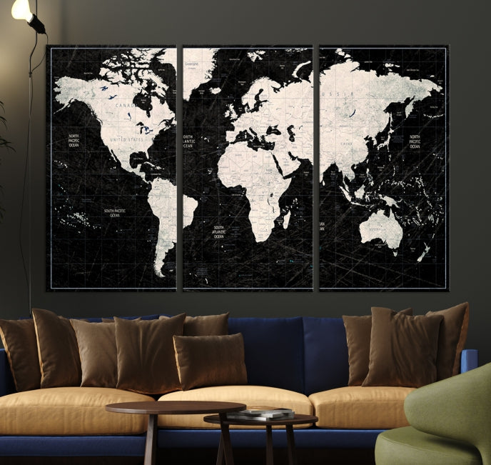 White Colored Push Pin World Map on Stratched Black Background Large Canvas Print Framed Wall Art