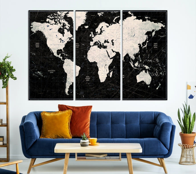 White Colored Push Pin World Map on Stratched Black Background Large Canvas Print Framed Wall Art